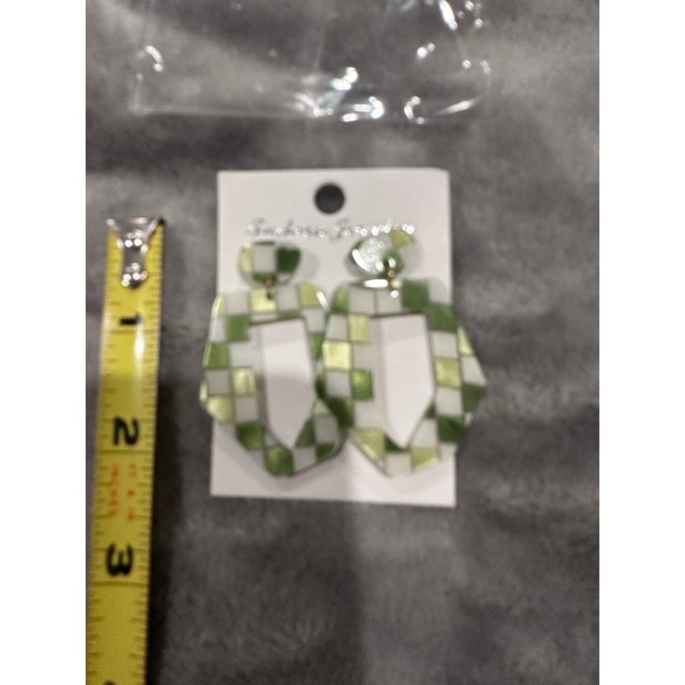 Fashion Jewelry Dangle Drop Earrings Green White Checkered Statement
